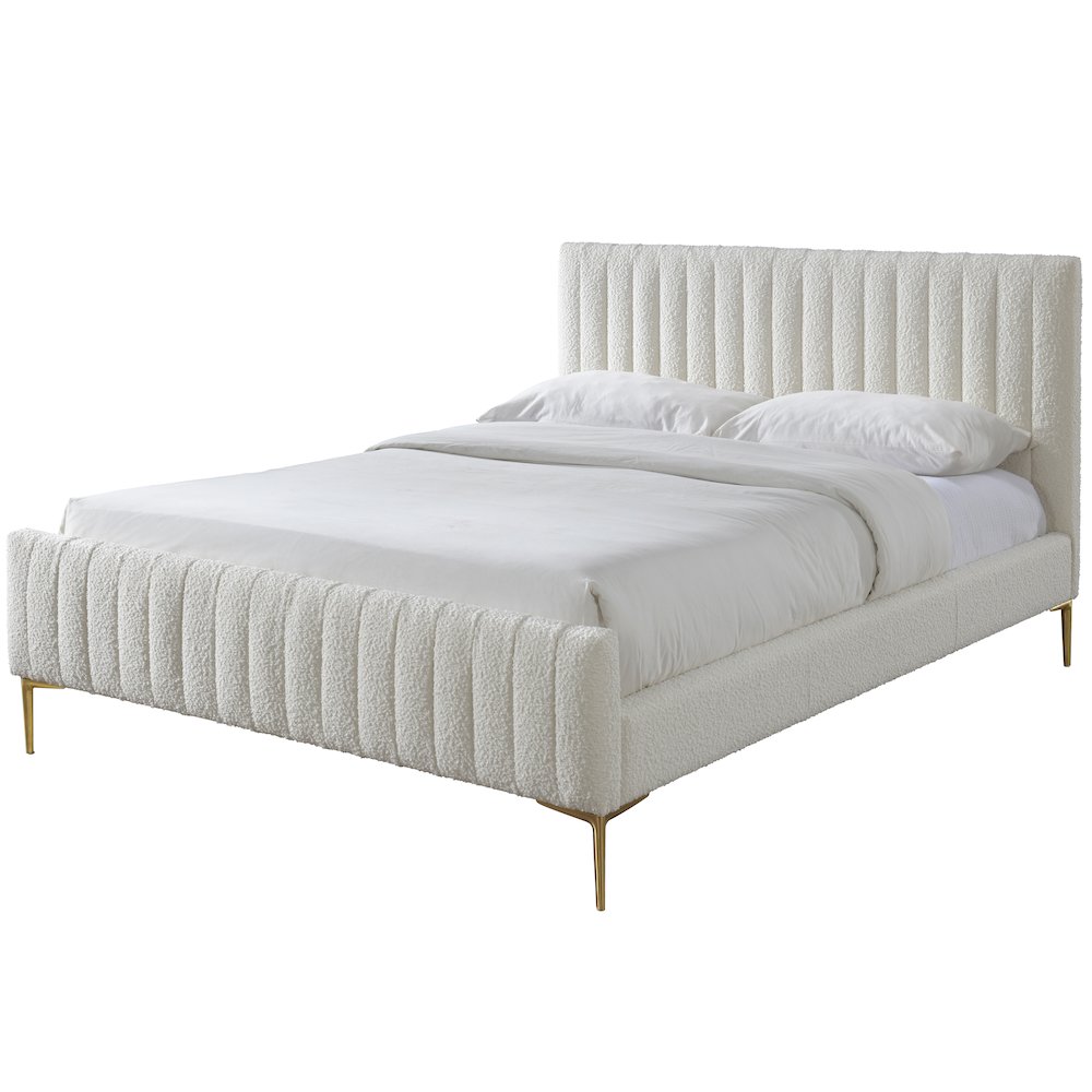 Julia Wood and Fabric Upholstered Queen Platform Bed in White Boucle. Picture 2