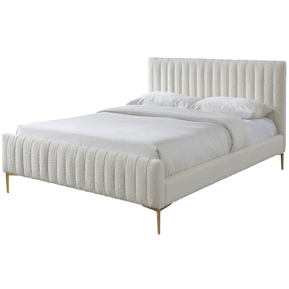 Julia Wood and Fabric Upholstered Queen Platform Bed in White Boucle. Picture 4