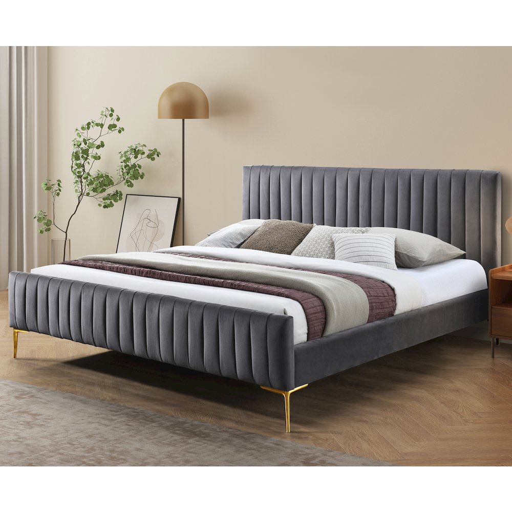 Julia Upholstered Contemporary Fabric King Platform Bed in Charcoal. Picture 6