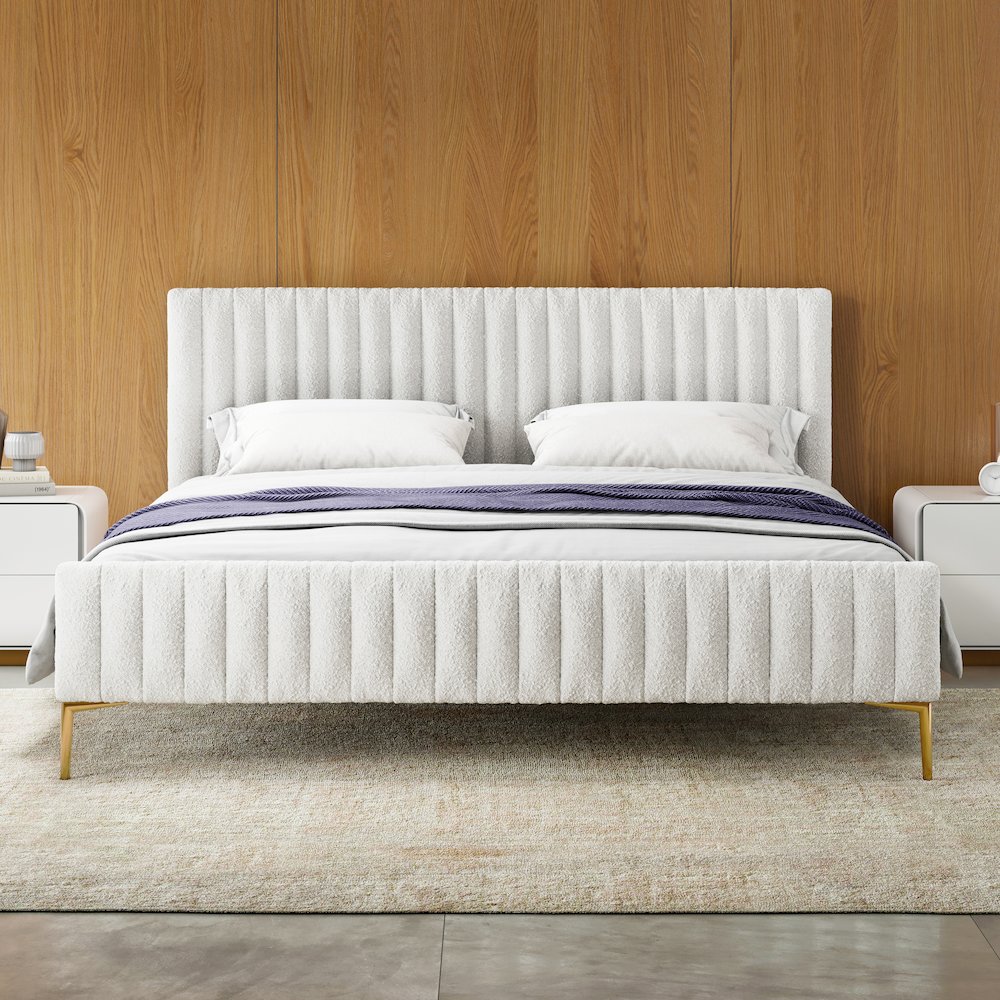 Julia Upholstered Modern Fabric King Platform Bed in White Boucle. Picture 7