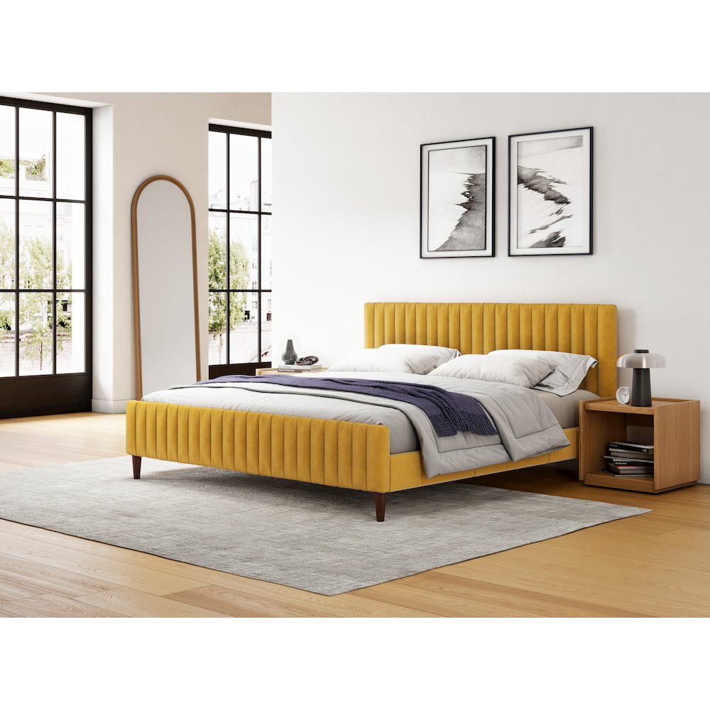 Spencer Wood/Fabric Upholstered King Platform Bed in Mustard. Picture 2