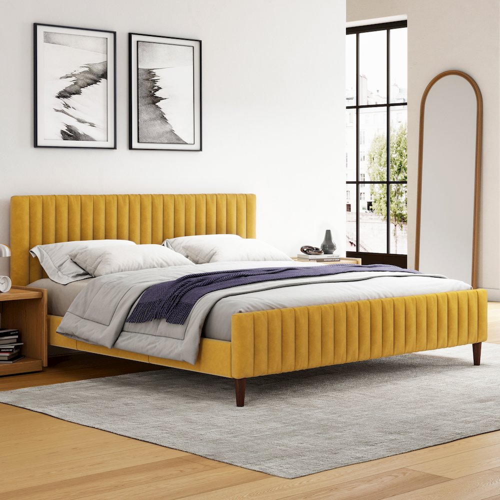 Spencer Wood/Fabric Upholstered King Platform Bed in Mustard. Picture 3