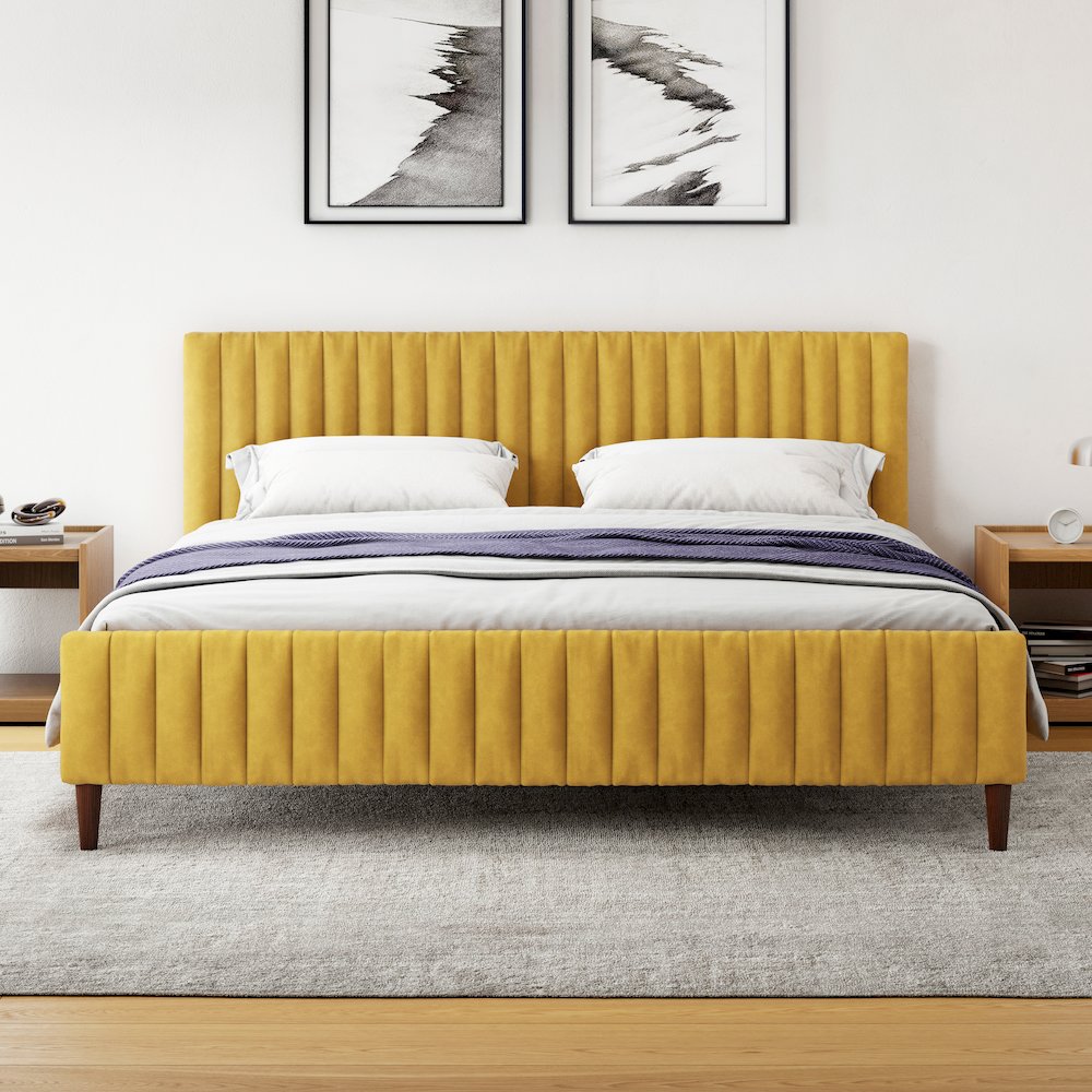 Spencer Wood/Fabric Upholstered King Platform Bed in Mustard. Picture 4
