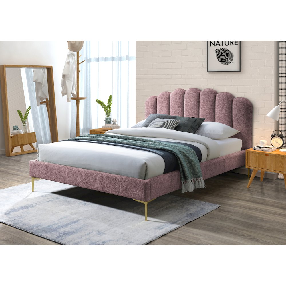 Bella Modern Fabric Upholstered Queen Platform Bed in Ash Rose Pink. Picture 4