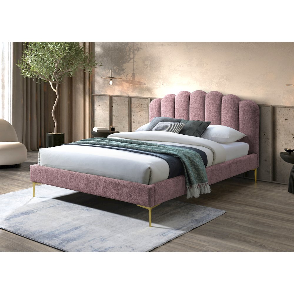 Bella Modern Fabric Upholstered Queen Platform Bed in Ash Rose Pink. Picture 5