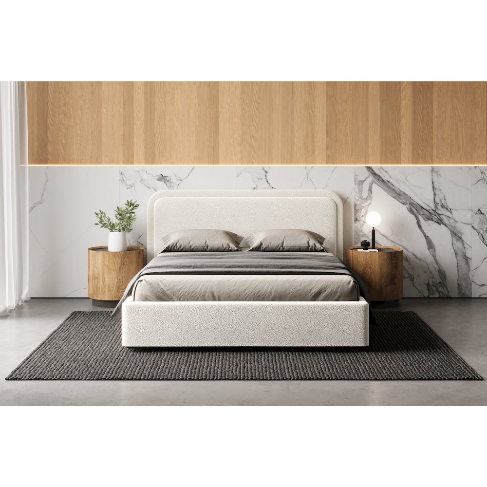 Chloe Upholstered Platform Queen Bed in White Boucle Fabric. Picture 3