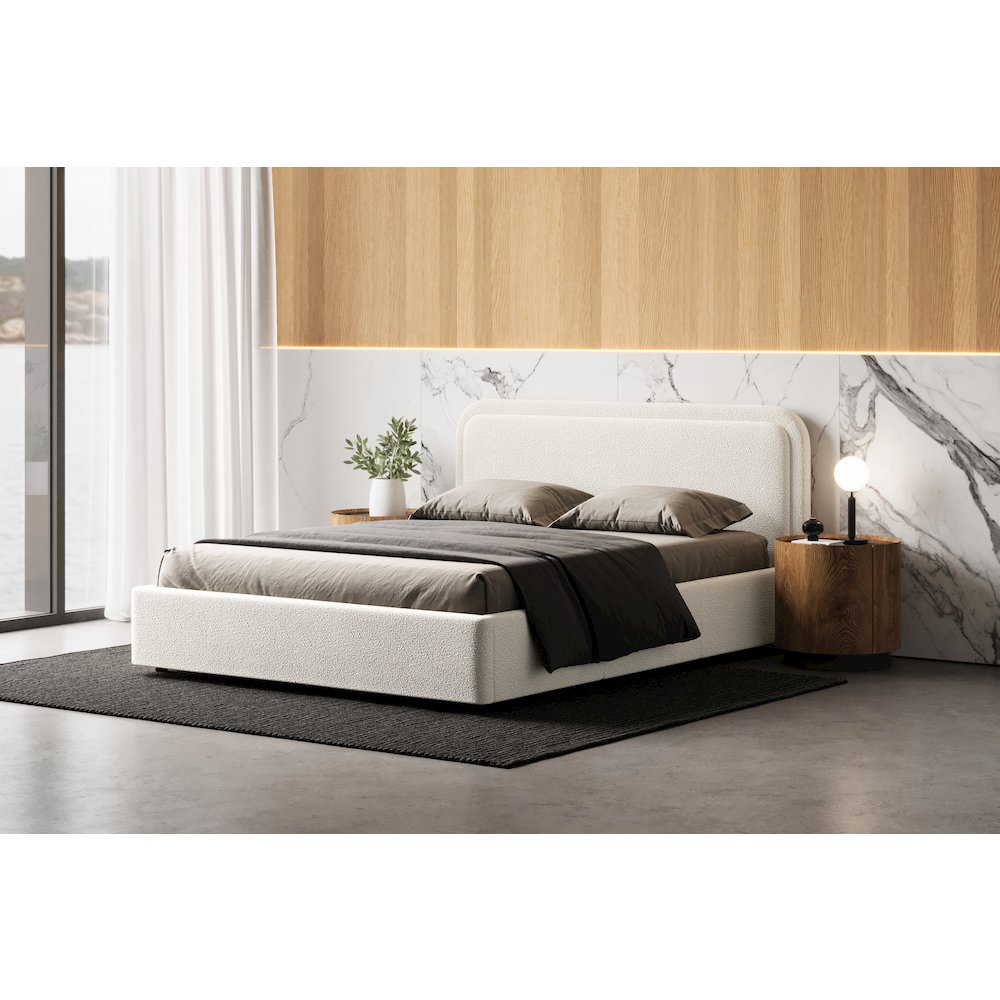 Chloe Upholstered Platform Queen Bed in White Boucle Fabric. Picture 4