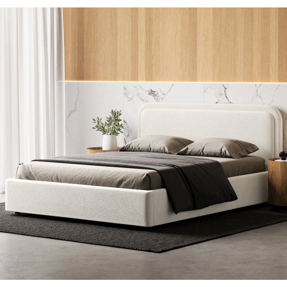 Chloe Upholstered Platform Queen Bed in White Boucle Fabric. Picture 5