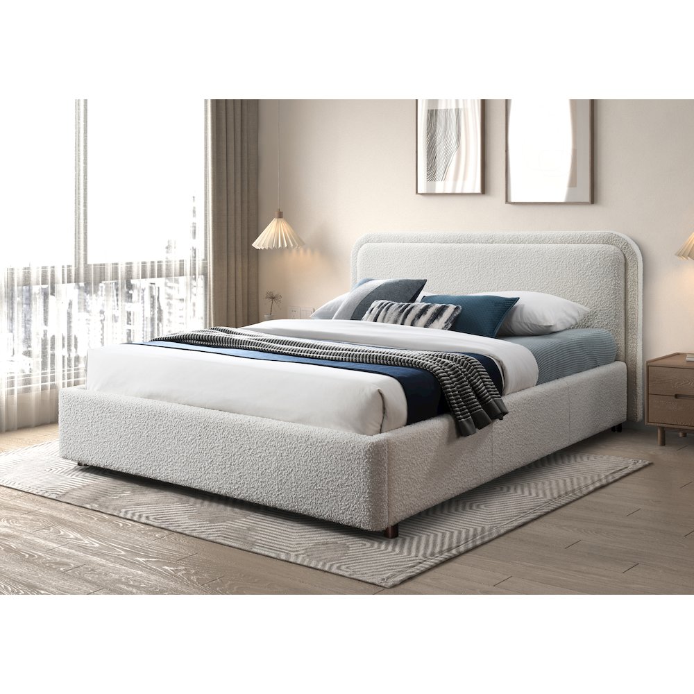 Chloe Upholstered Platform Queen Bed in White Boucle Fabric. Picture 6
