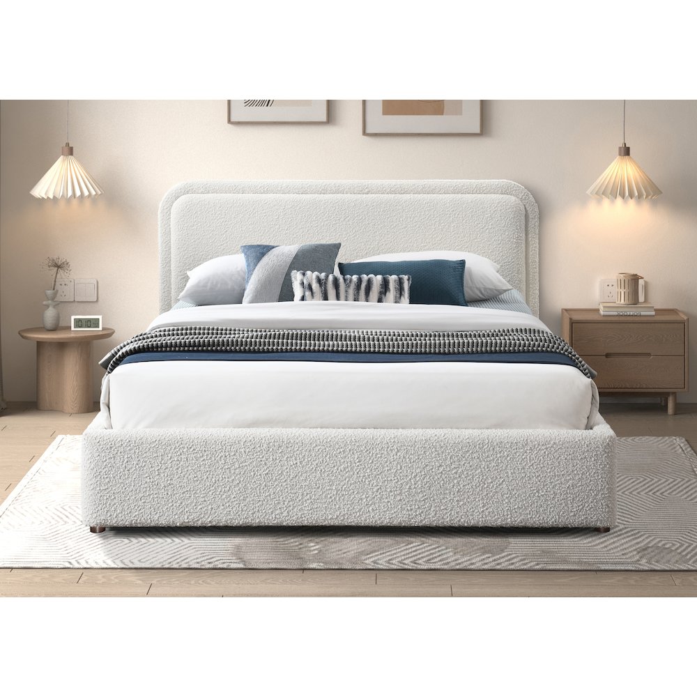 Chloe Upholstered Platform Queen Bed in White Boucle Fabric. Picture 7