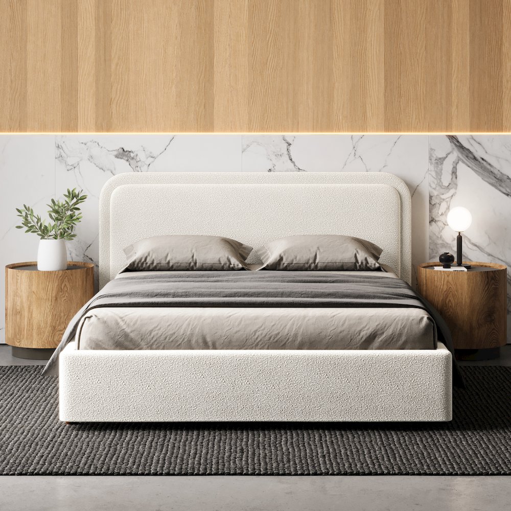 Chloe Upholstered Platform Queen Bed in White Boucle Fabric. Picture 8