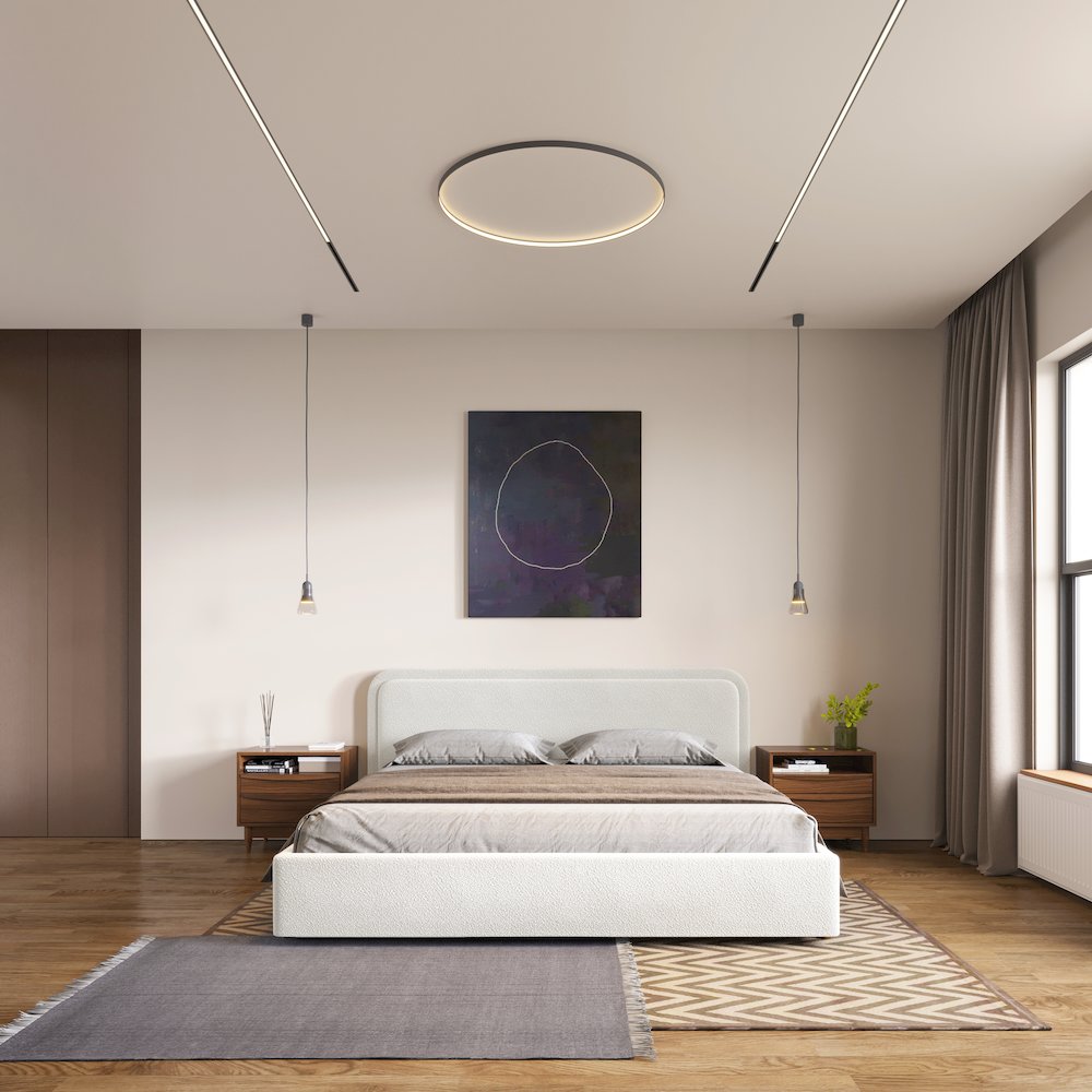 Upholstered Platform King Bed in White Boucle Fabric. Picture 4