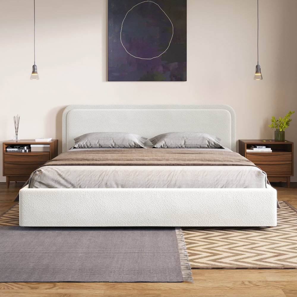 Upholstered Platform King Bed in White Boucle Fabric. Picture 5