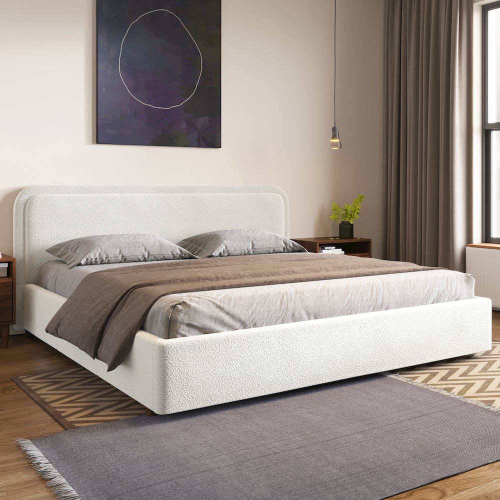 Upholstered Platform King Bed in White Boucle Fabric. Picture 8