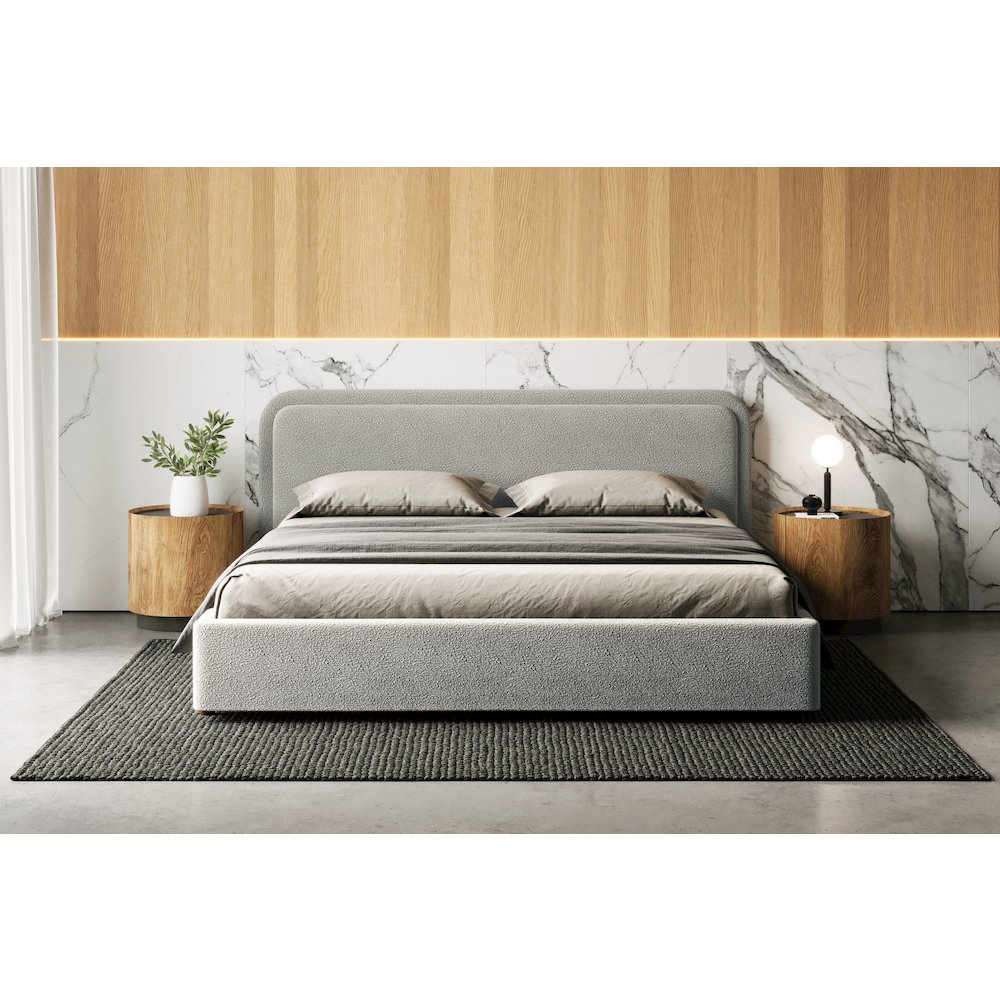 Chloe Upholstered Platform King Bed in Gray Boucle Fabric. Picture 3