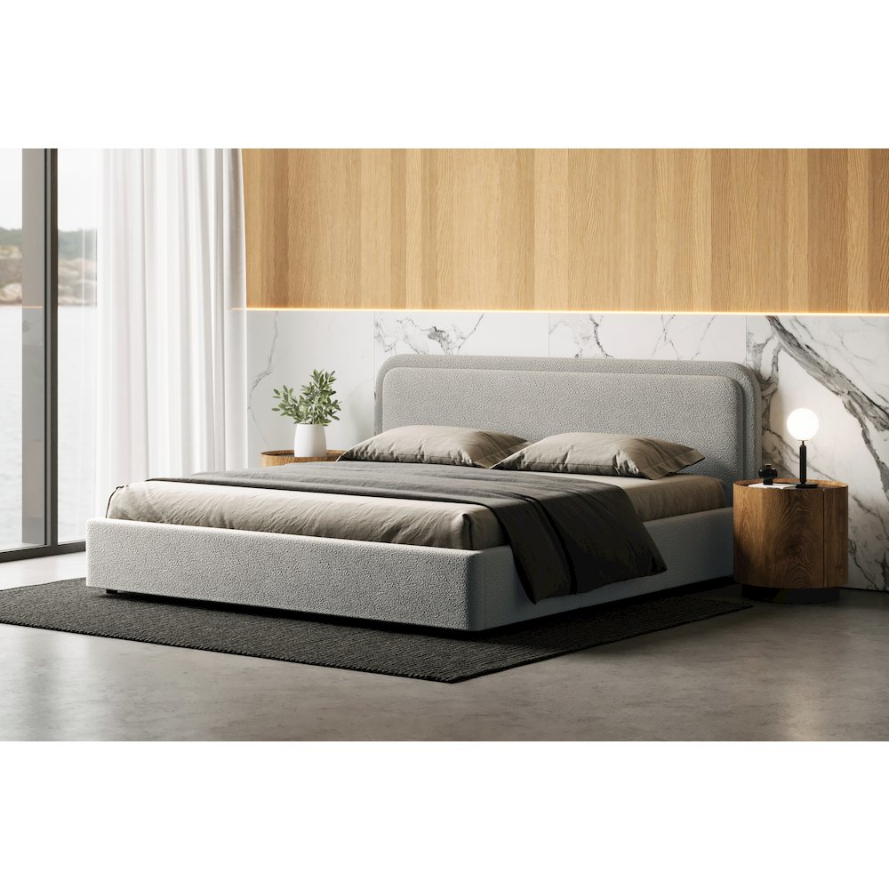 Chloe Upholstered Platform King Bed in Gray Boucle Fabric. Picture 4