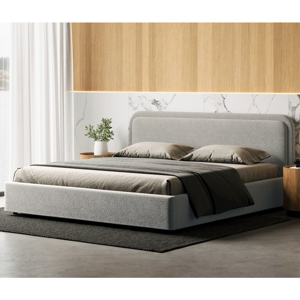 Chloe Upholstered Platform King Bed in Gray Boucle Fabric. Picture 5