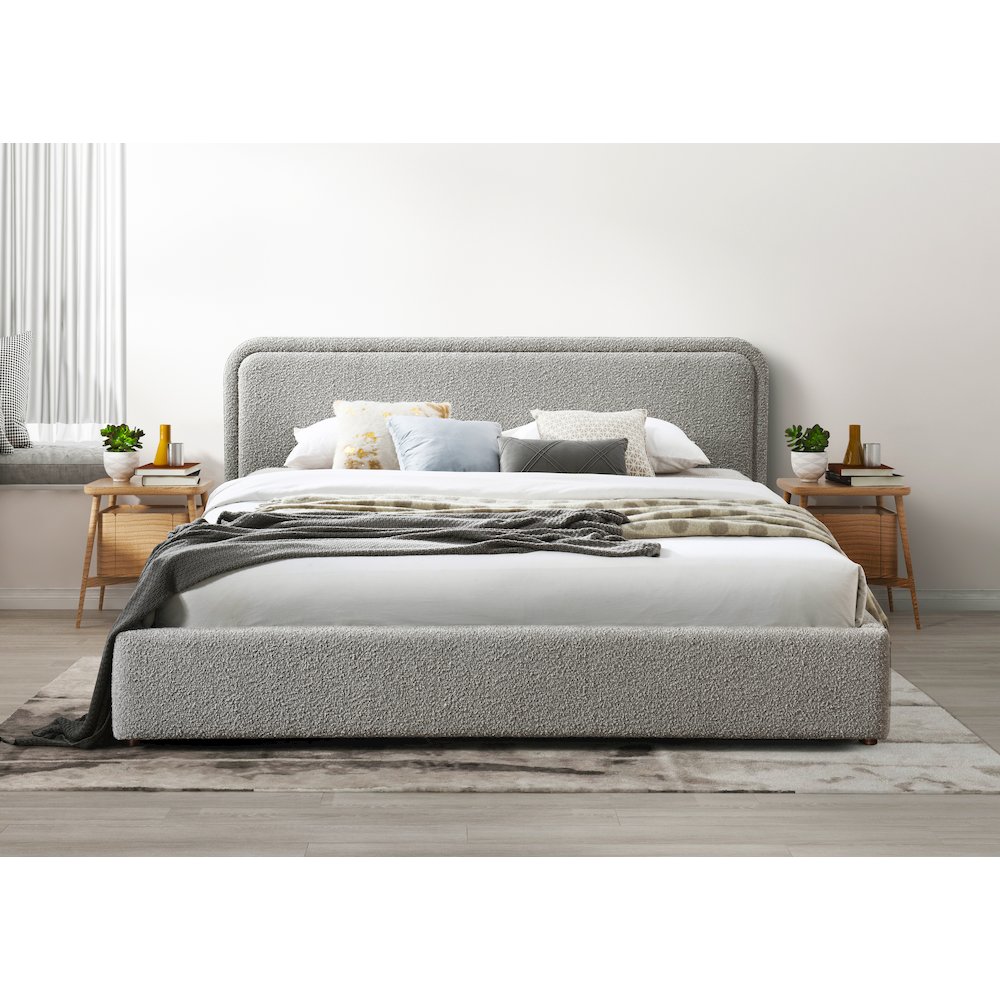 Chloe Upholstered Platform King Bed in Gray Boucle Fabric. Picture 6