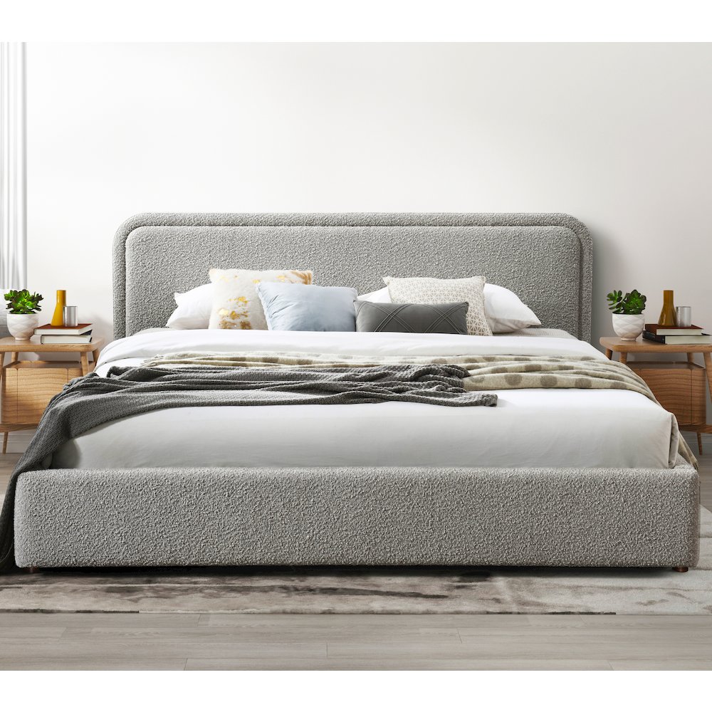 Chloe Upholstered Platform King Bed in Gray Boucle Fabric. Picture 7