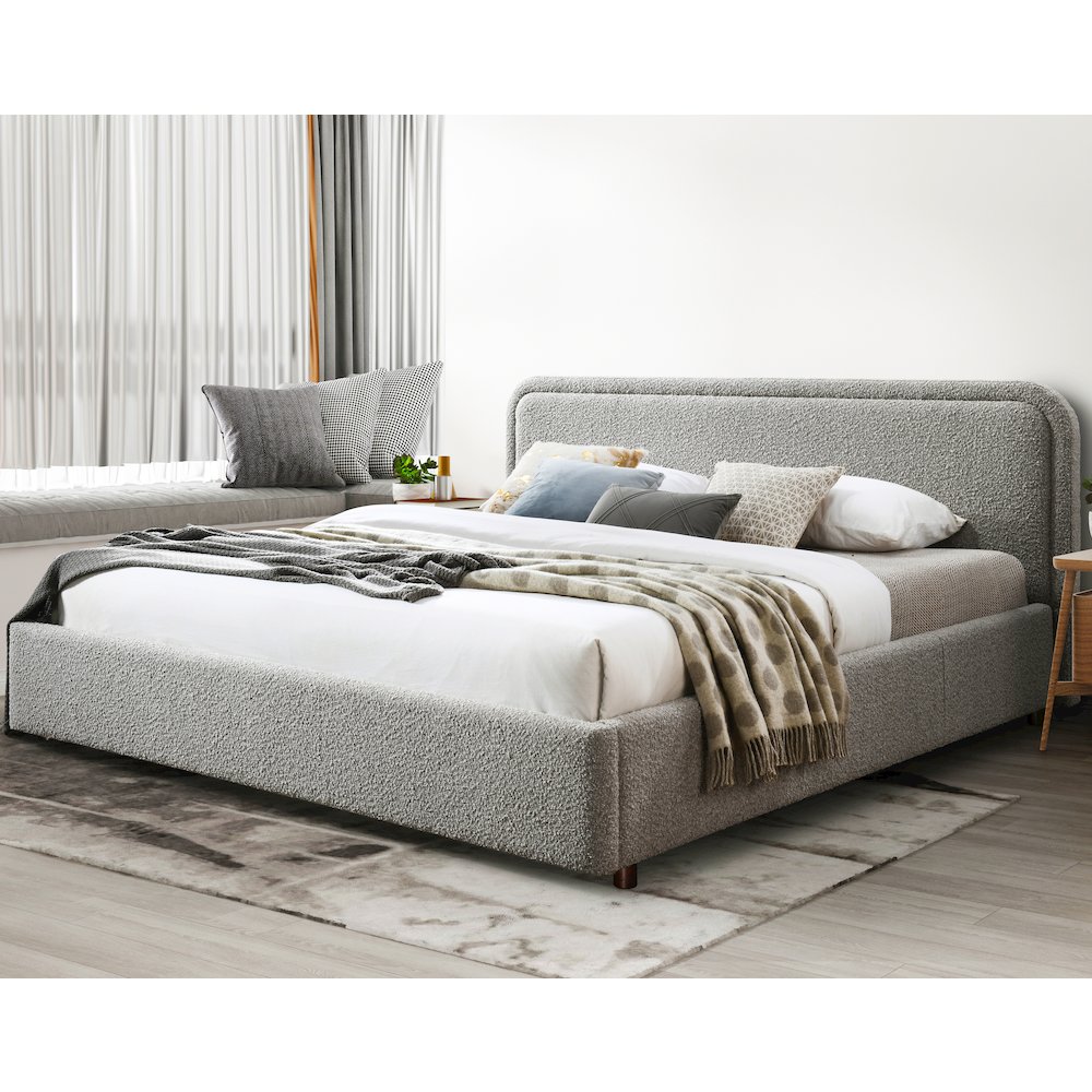 Chloe Upholstered Platform King Bed in Gray Boucle Fabric. Picture 9