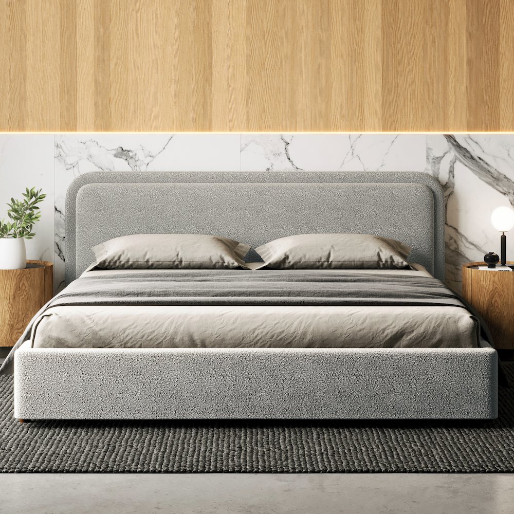 Chloe Upholstered Platform King Bed in Gray Boucle Fabric. Picture 10