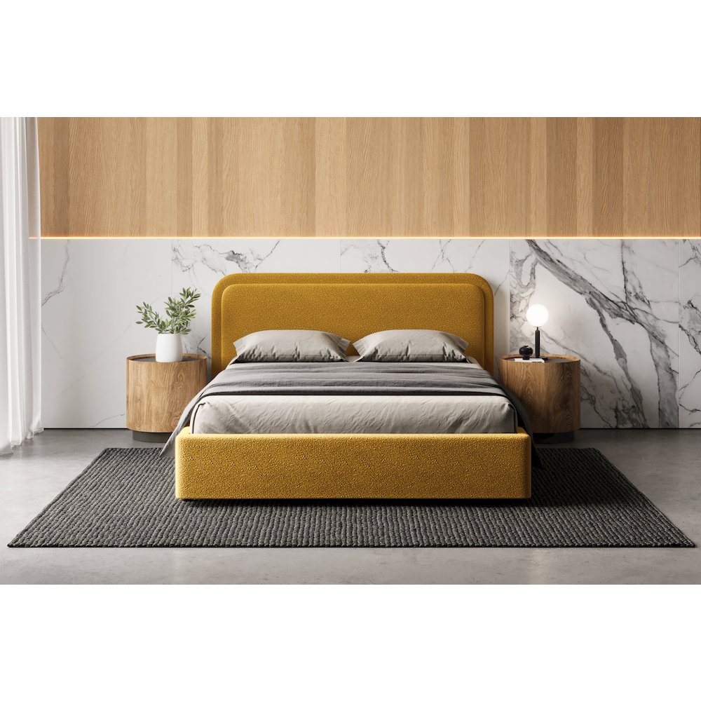 Upholstered Platform Queen Bed in Mustard Boucle Fabric. Picture 4