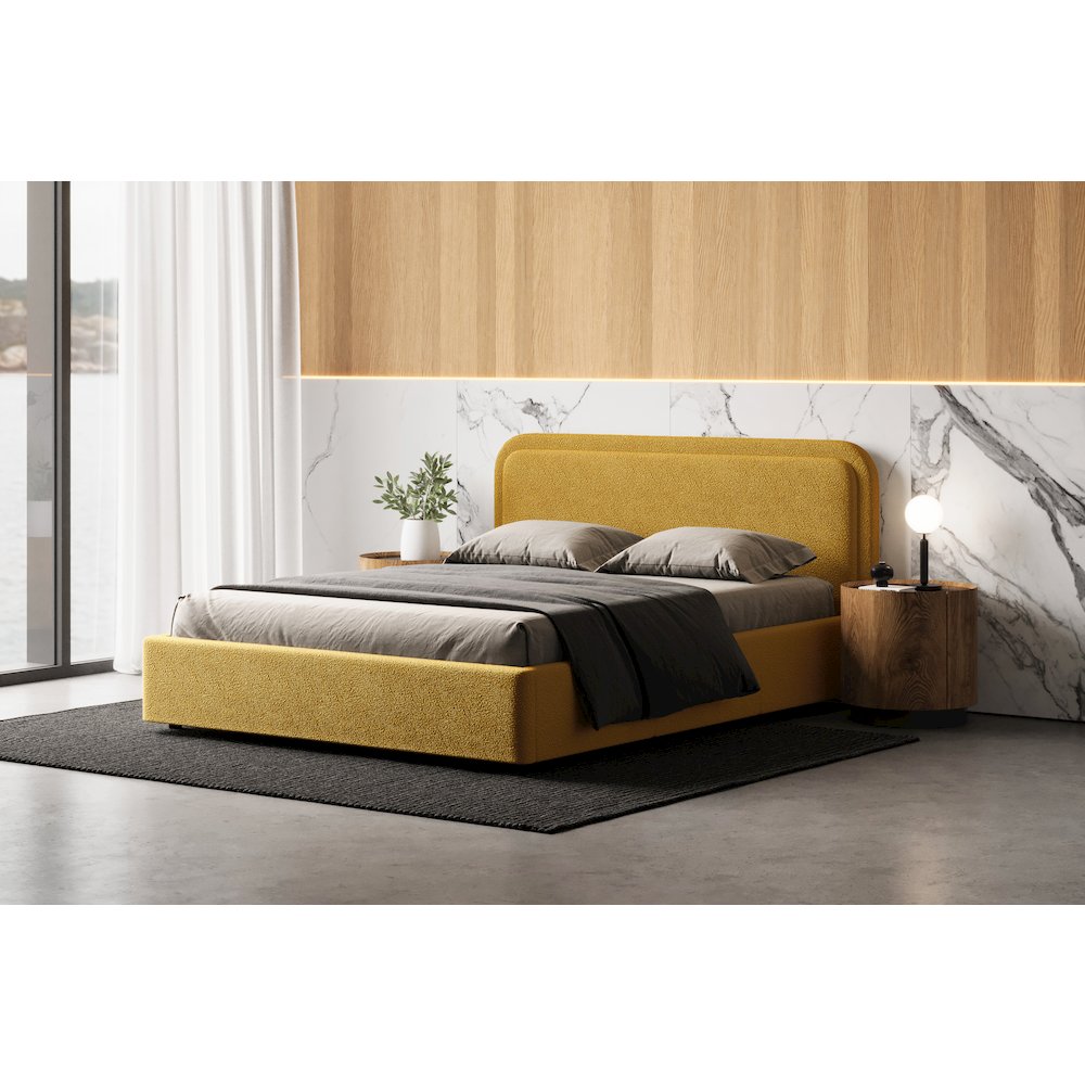 Upholstered Platform Queen Bed in Mustard Boucle Fabric. Picture 5