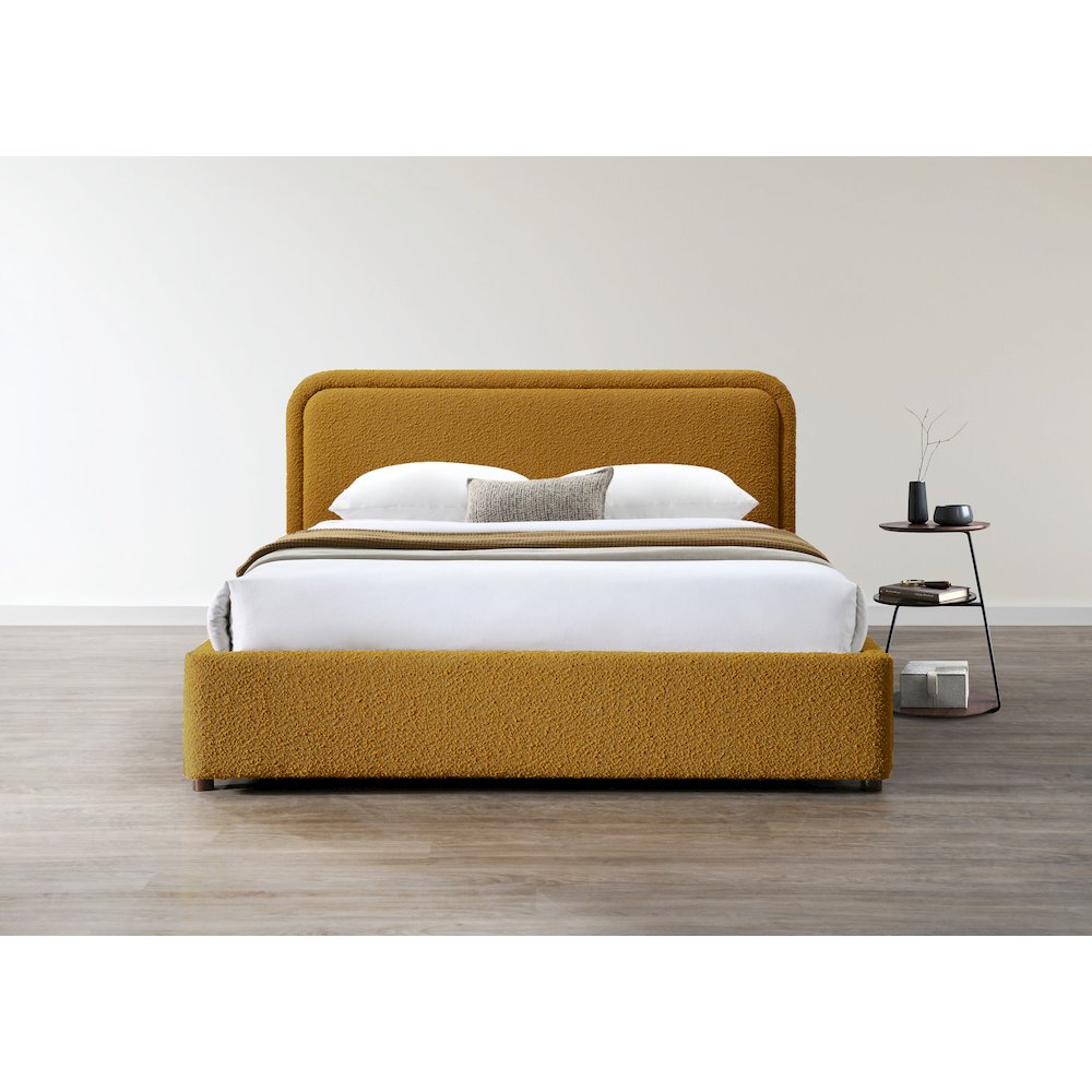 Upholstered Platform Queen Bed in Mustard Boucle Fabric. Picture 6