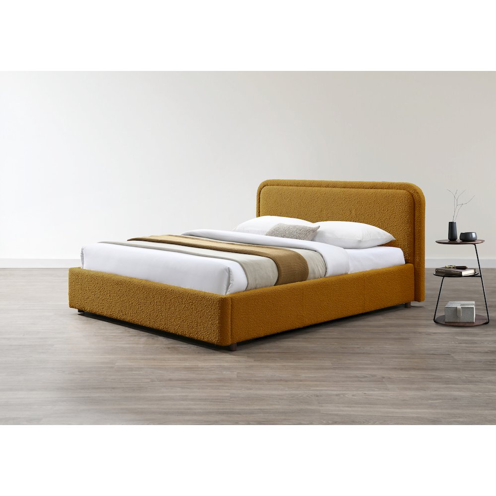 Upholstered Platform Queen Bed in Mustard Boucle Fabric. Picture 7