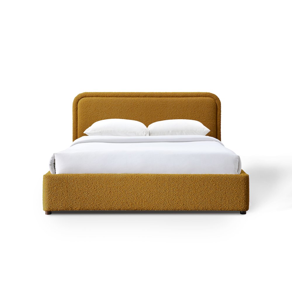 Upholstered Platform Queen Bed in Mustard Boucle Fabric. Picture 1