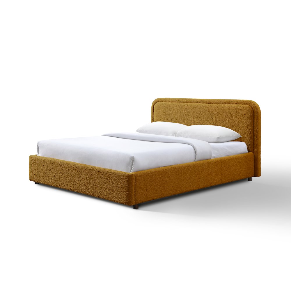 Upholstered Platform Queen Bed in Mustard Boucle Fabric. Picture 2