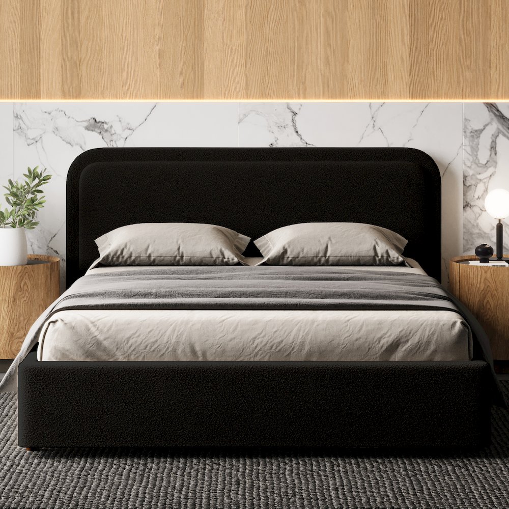Upholstered Platform Queen Bed in Black Boucle Fabric. Picture 8