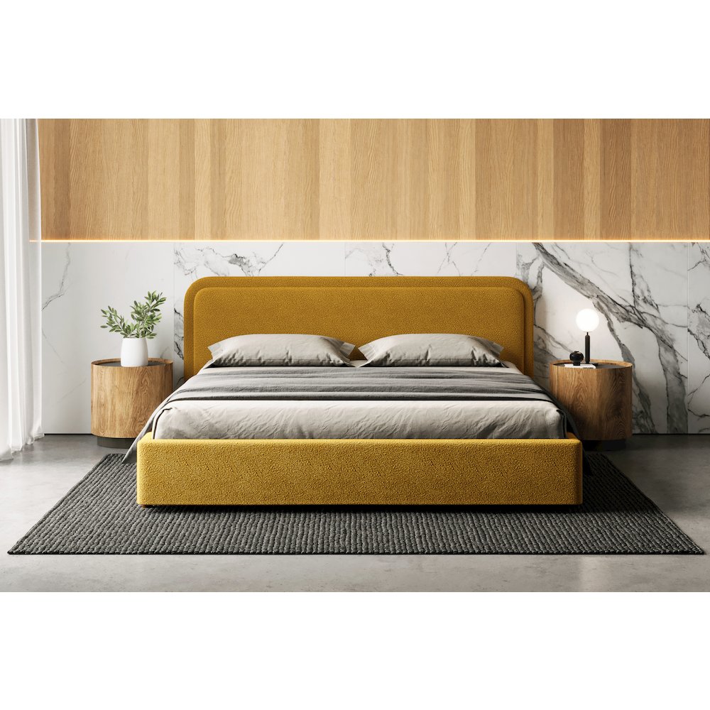 Upholstered Platform King Bed in Mustard Boucle Fabric. Picture 6