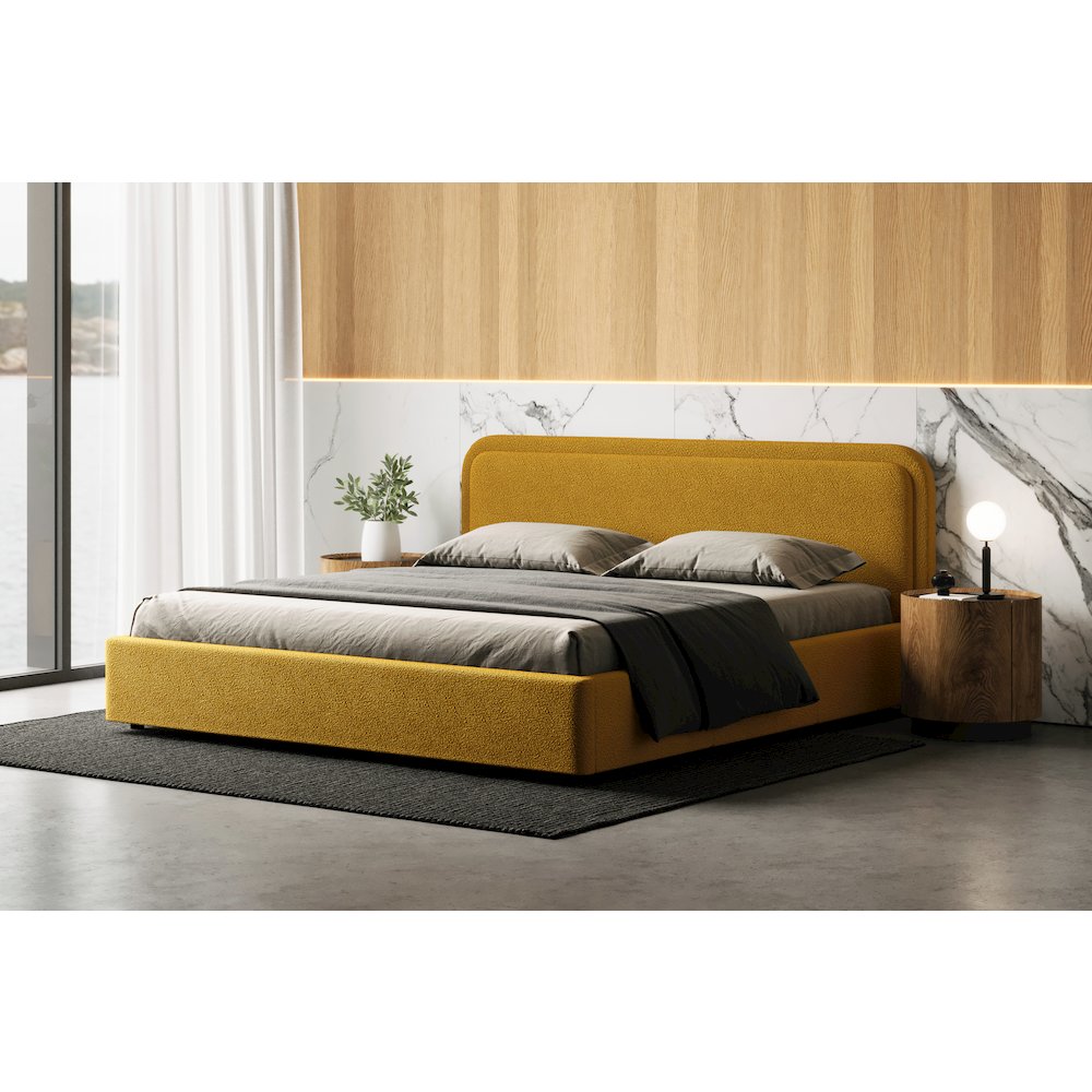 Upholstered Platform King Bed in Mustard Boucle Fabric. Picture 5