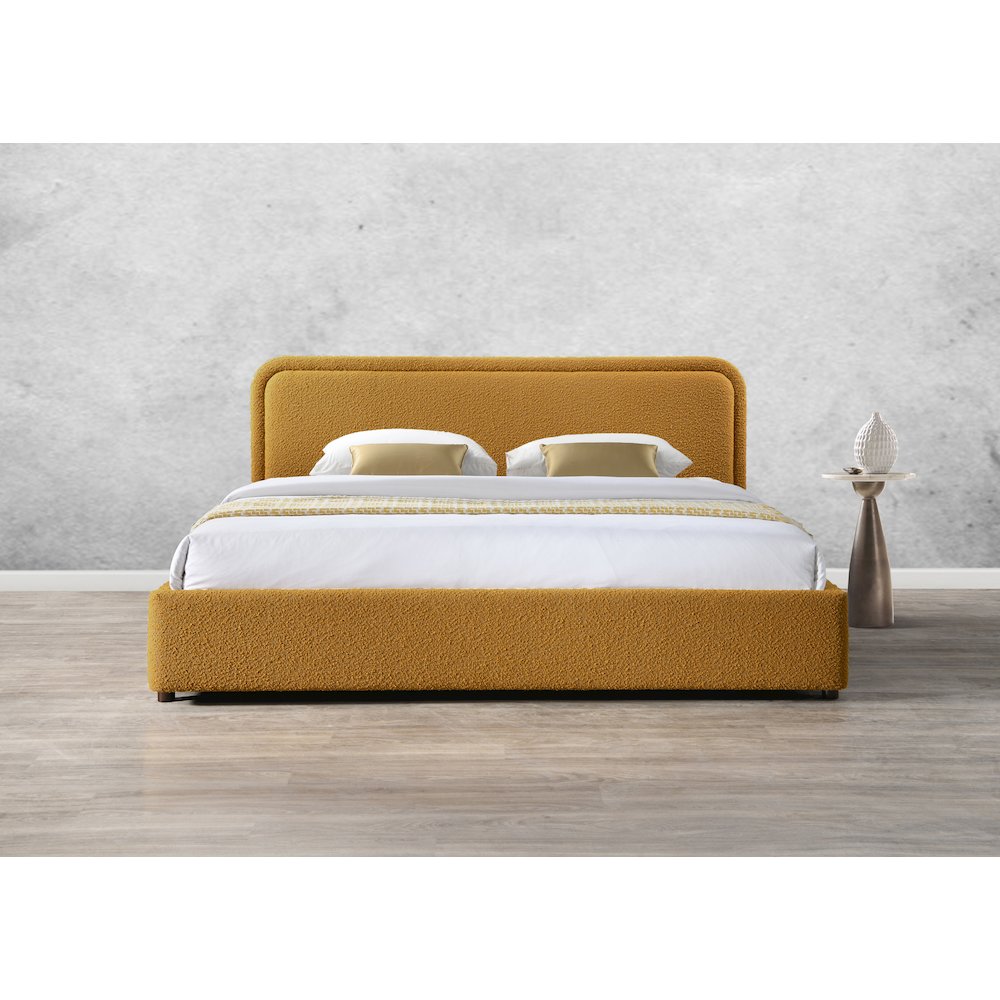 Upholstered Platform King Bed in Mustard Boucle Fabric. Picture 8
