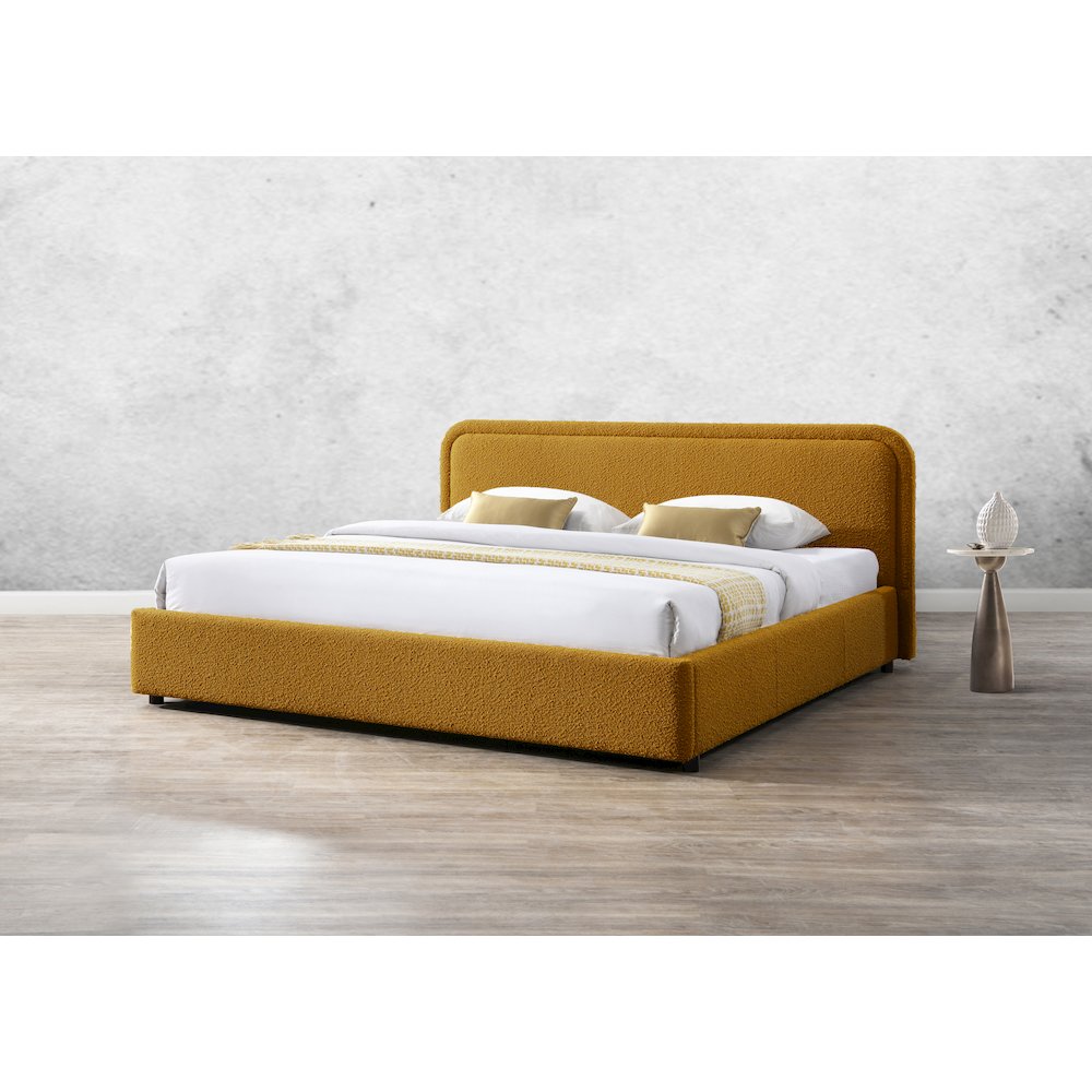Upholstered Platform King Bed in Mustard Boucle Fabric. Picture 7