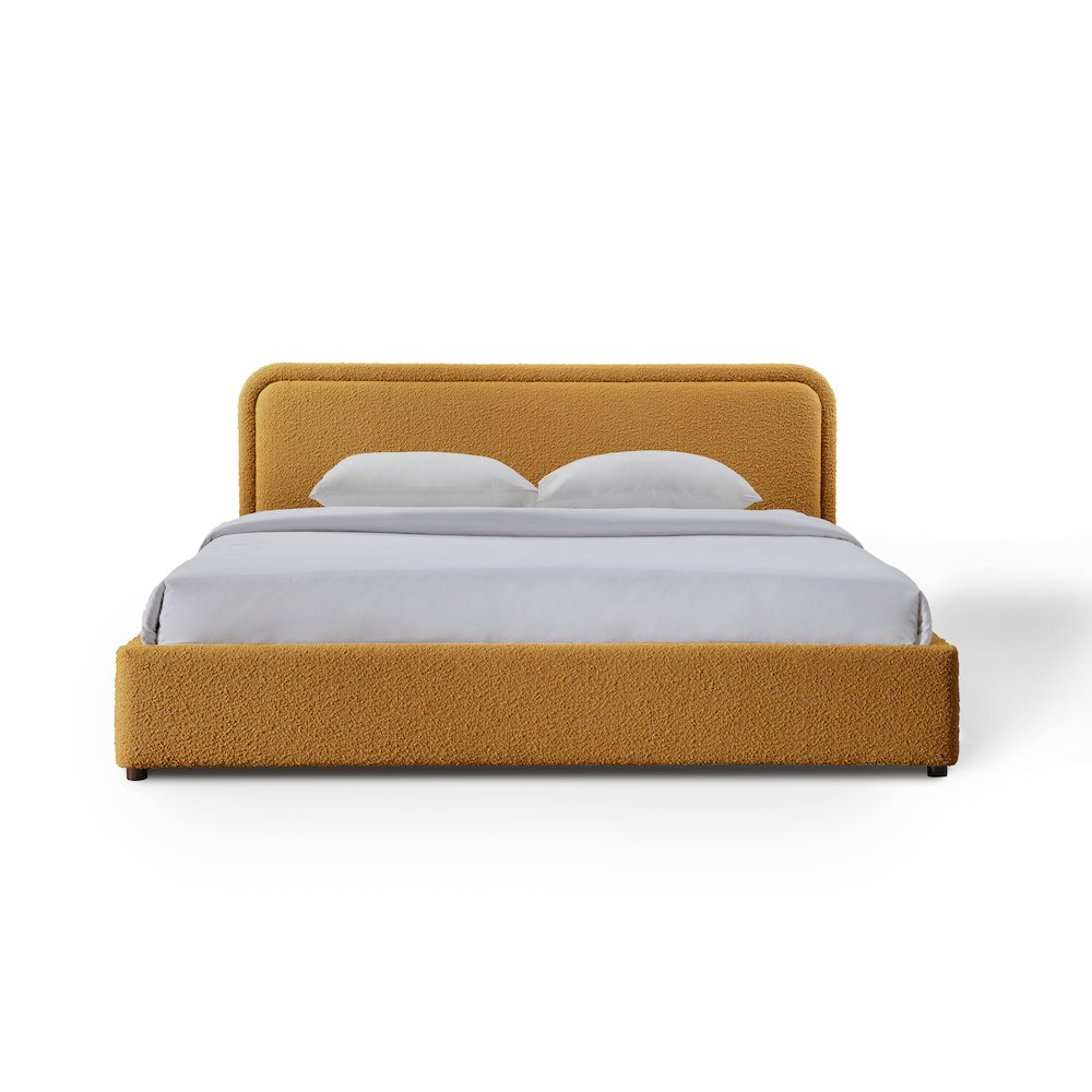 Upholstered Platform King Bed in Mustard Boucle Fabric. Picture 1