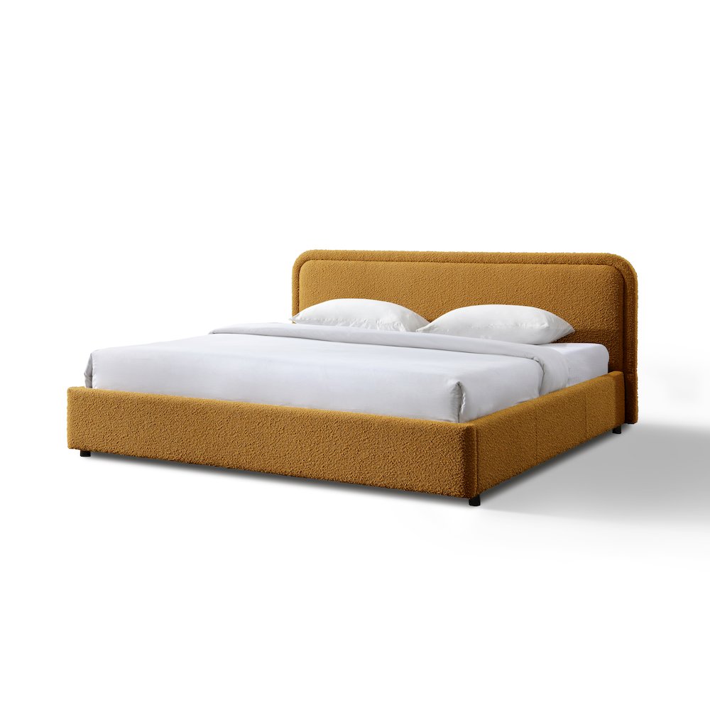 Upholstered Platform King Bed in Mustard Boucle Fabric. Picture 2