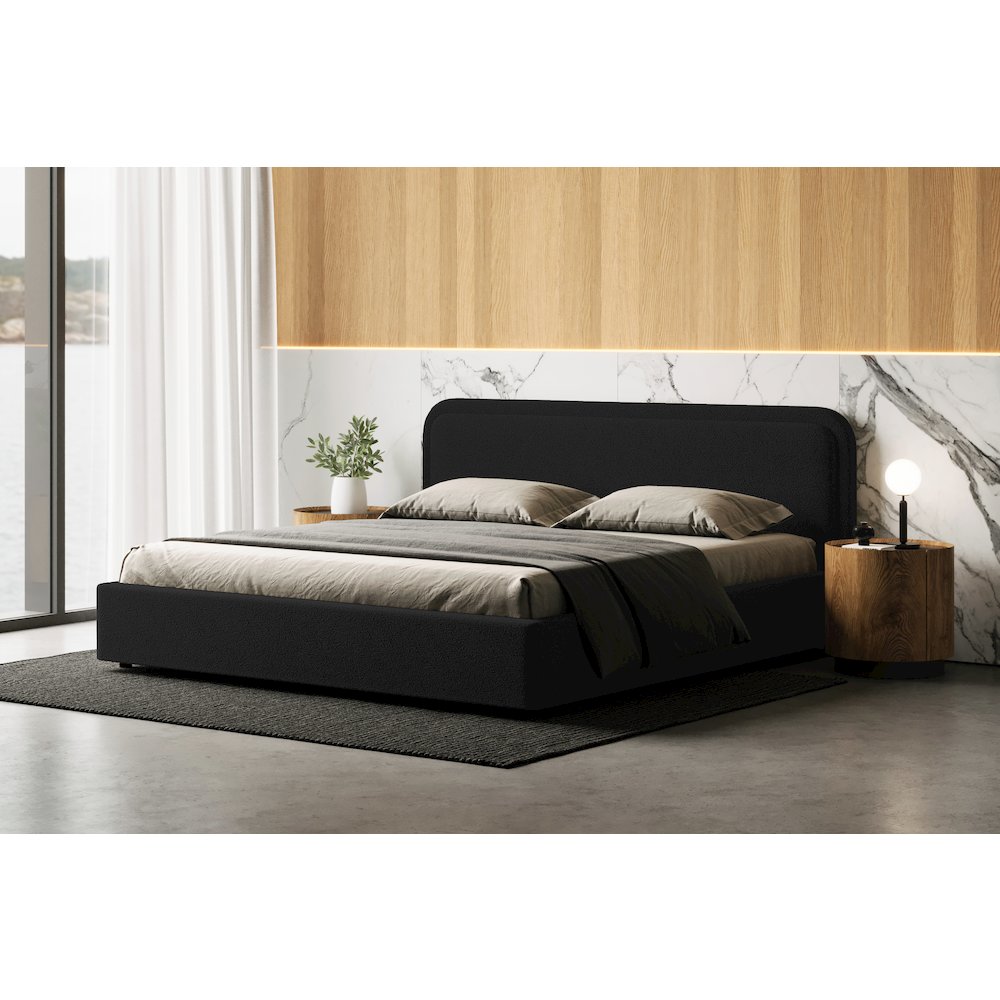 Upholstered Platform King Bed in Black Boucle Fabric. Picture 2