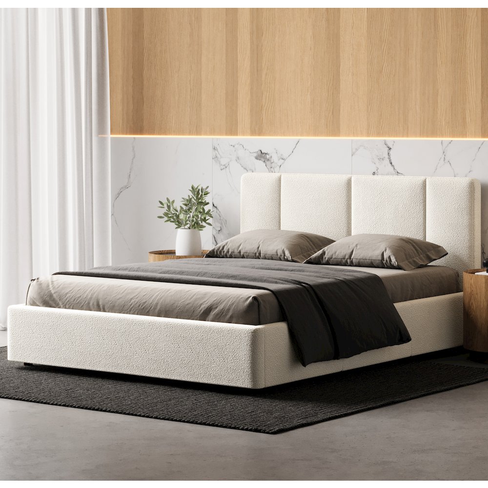 Venice Upholstered Platform Queen Bed in Cream Beige Boucle Fabric. Picture 5