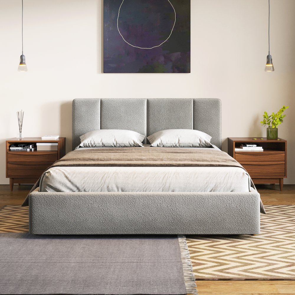 Venice Upholstered Platform Queen Bed in Gray Boucle Fabric. Picture 5