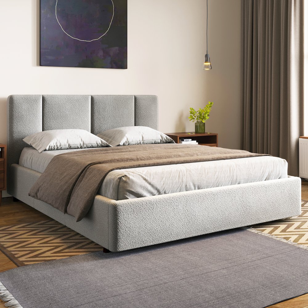 Venice Upholstered Platform Queen Bed in Gray Boucle Fabric. Picture 10