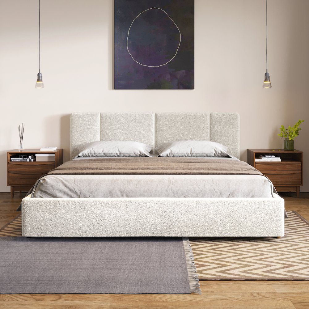 Venice Upholstered Platform King Bed in Cream Beige Boucle Fabric. Picture 5