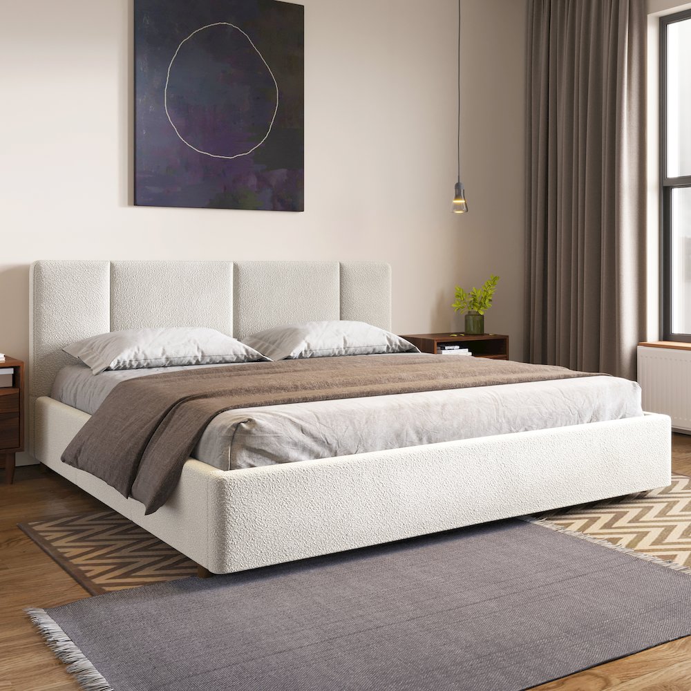 Venice Upholstered Platform King Bed in Cream Beige Boucle Fabric. Picture 6