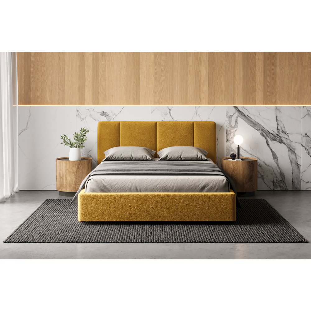 Venice Upholstered Platform Queen Bed in Mustard Boucle Fabric. Picture 5