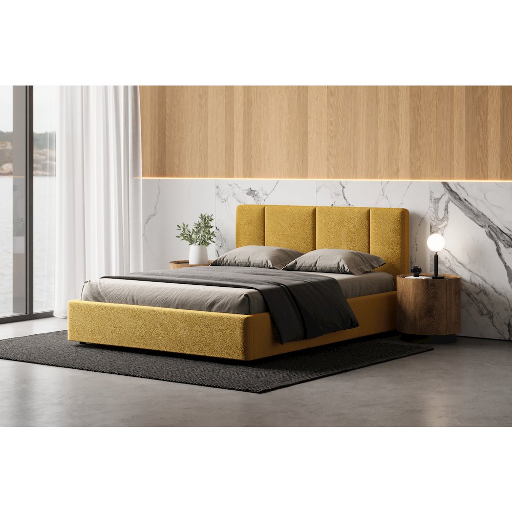 Venice Upholstered Platform Queen Bed in Mustard Boucle Fabric. Picture 6