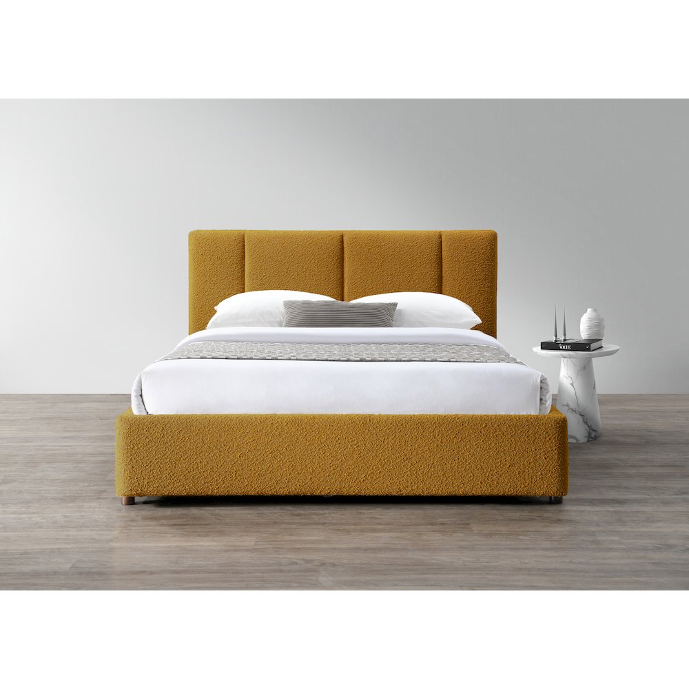 Venice Upholstered Platform Queen Bed in Mustard Boucle Fabric. Picture 7