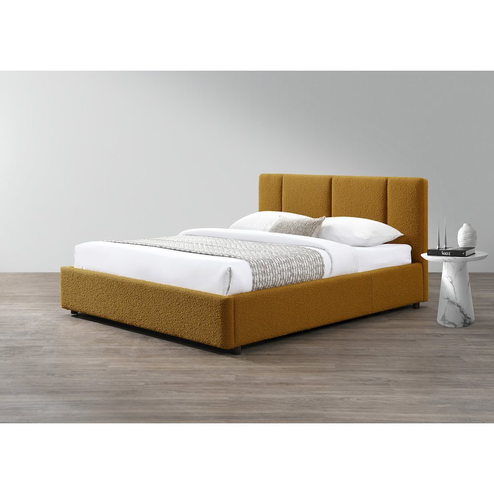 Venice Upholstered Platform Queen Bed in Mustard Boucle Fabric. Picture 8