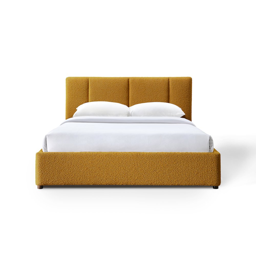 Venice Upholstered Platform Queen Bed in Mustard Boucle Fabric. Picture 1