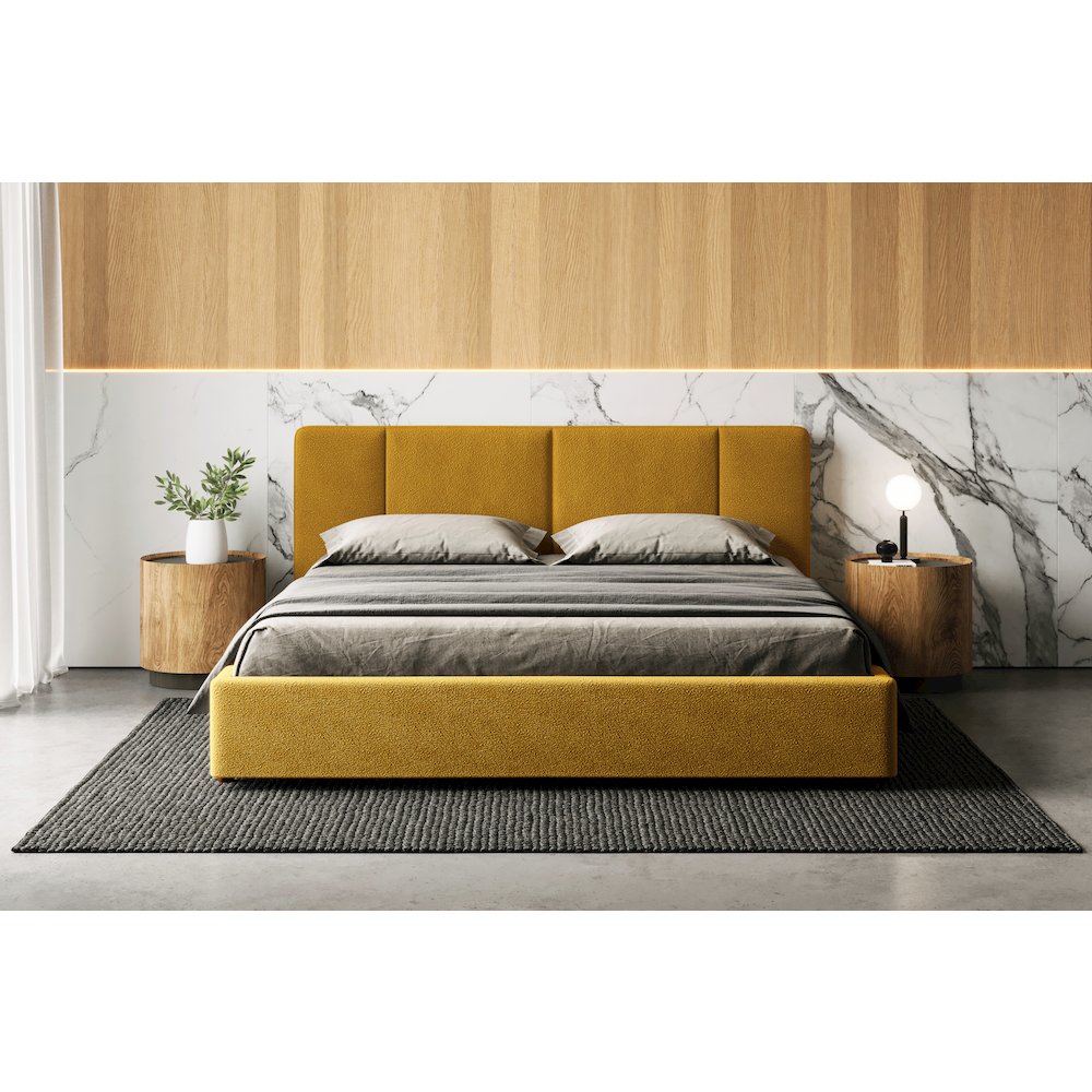 Venice Upholstered Platform King Bed in Mustard Boucle Fabric. Picture 5